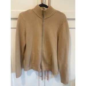 Lauren Ralph Lauren Tan Cotton Full Zip Cardigan Sweater Ribbed Knit Womens L